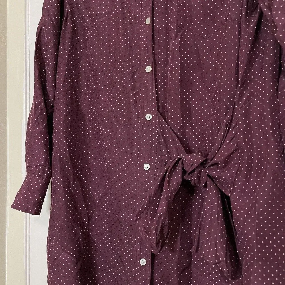 THAKOON maroon red dotted silk button down shirt dress size large